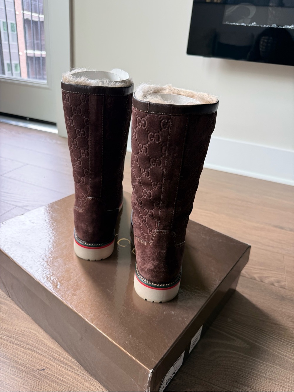 Gucci Brown Suede GG Monogram Fur-Lined Mid-Calf Boots - Picture 2 of 3